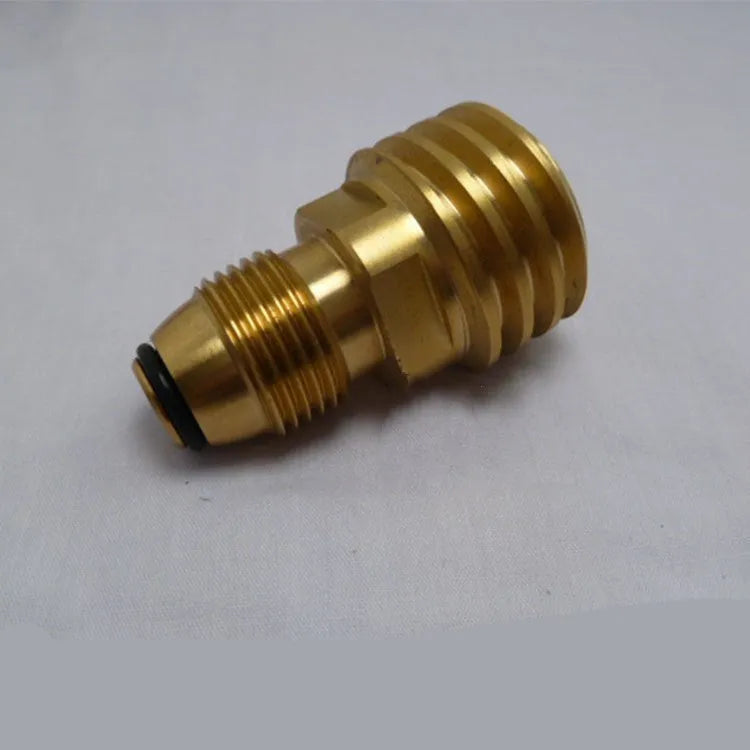 Gold-coloured brass gas brazier adapter with 7mm diameter and internal threads