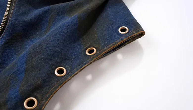 Blue heavy industry hooded denim vest and matching trousers set on a model, showing zippered front and Korean style.