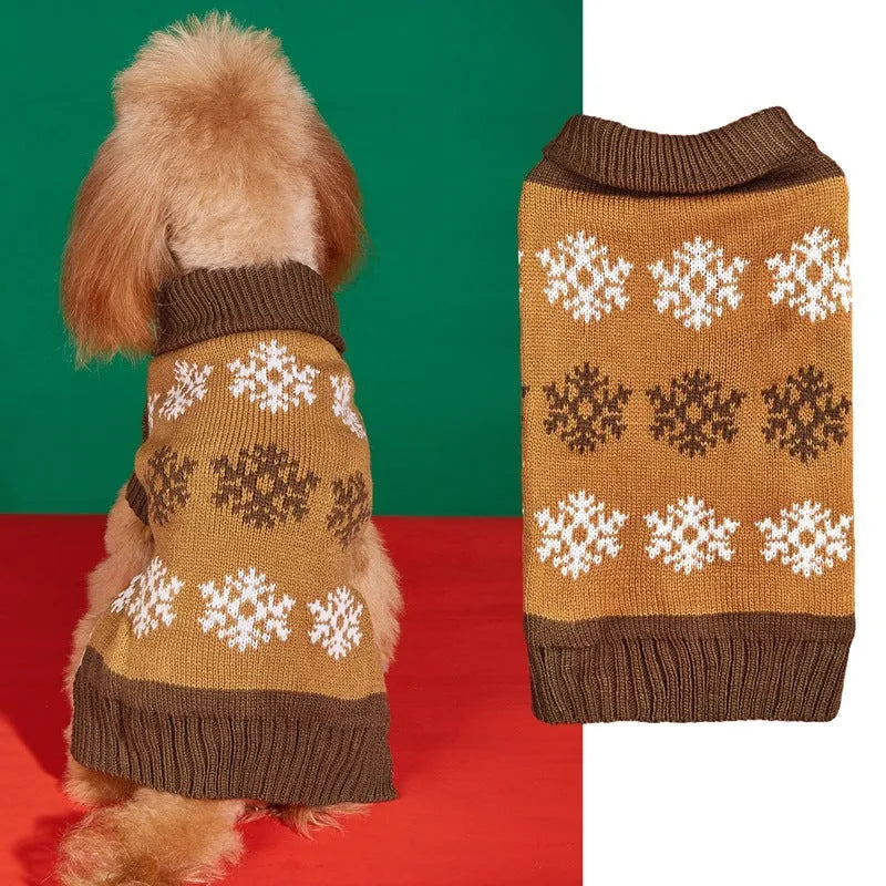 Grey and dark brown dog Christmas sweater with snowflake pattern for winter holidays