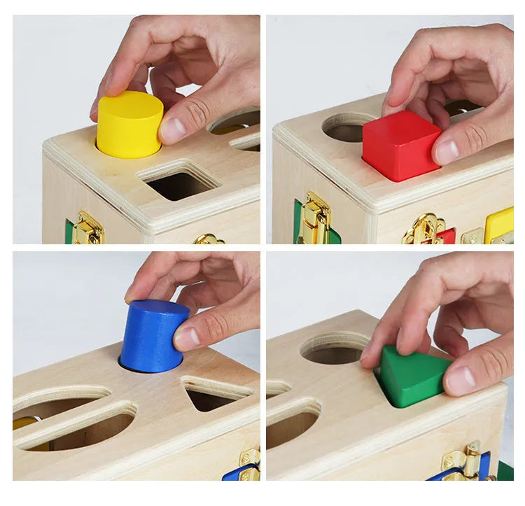 Wooden shape sorting puzzle box educational toy for preschool children
