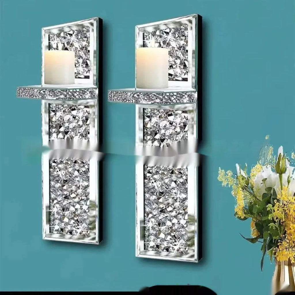 Pair of silver mirror finish glass wall candle holders with modern simple design