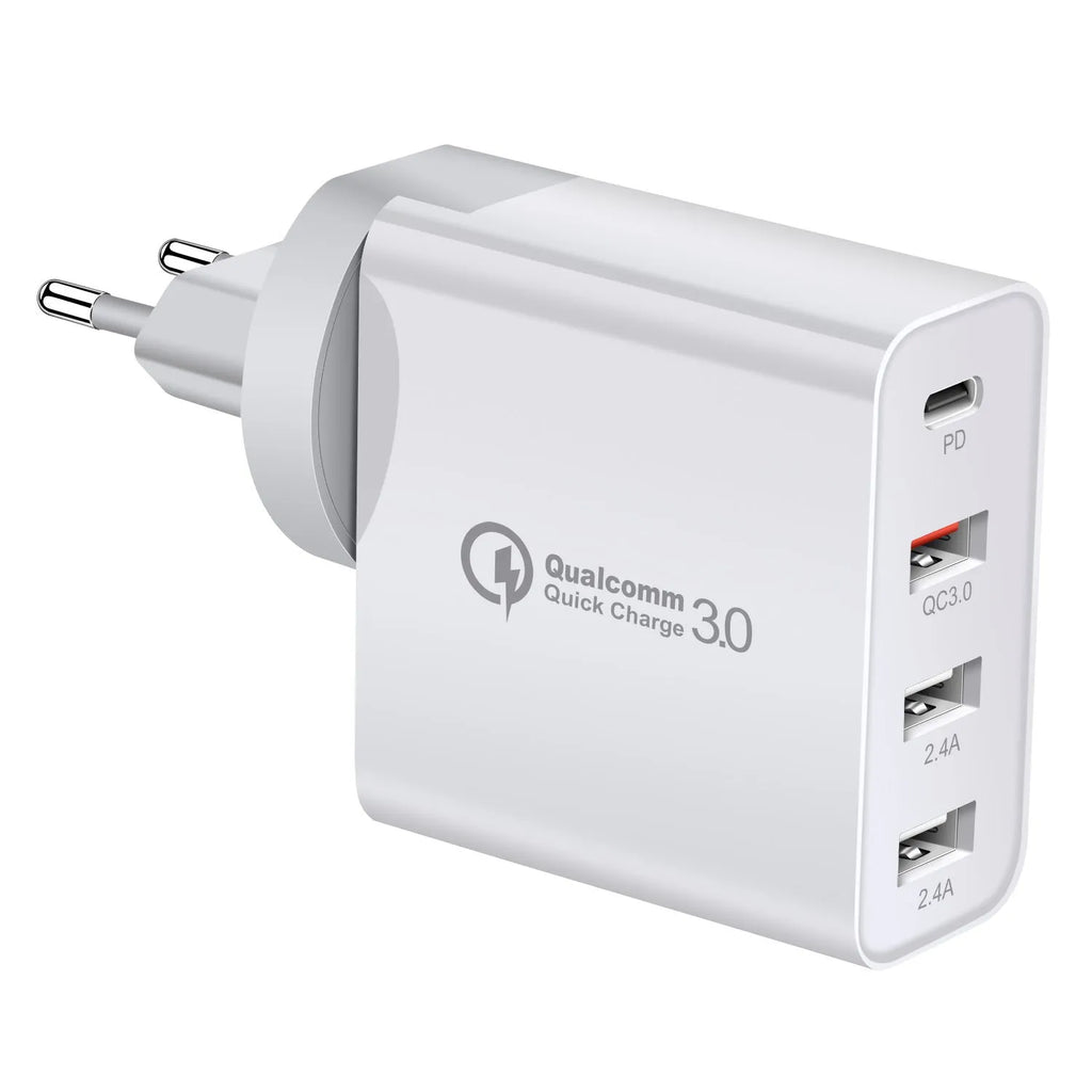 Black 48W USB-C wall charger with four ports and a UK plug on a white background.