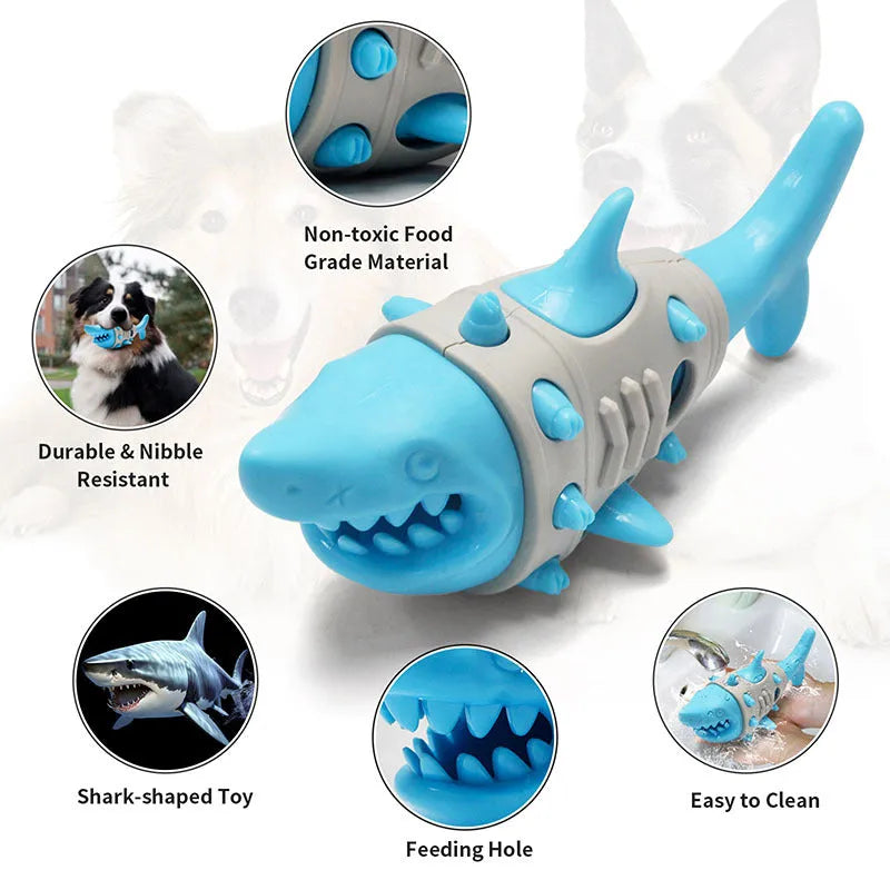 Dog teething leaky toy in blue with shark-tooth surface and treat cavity