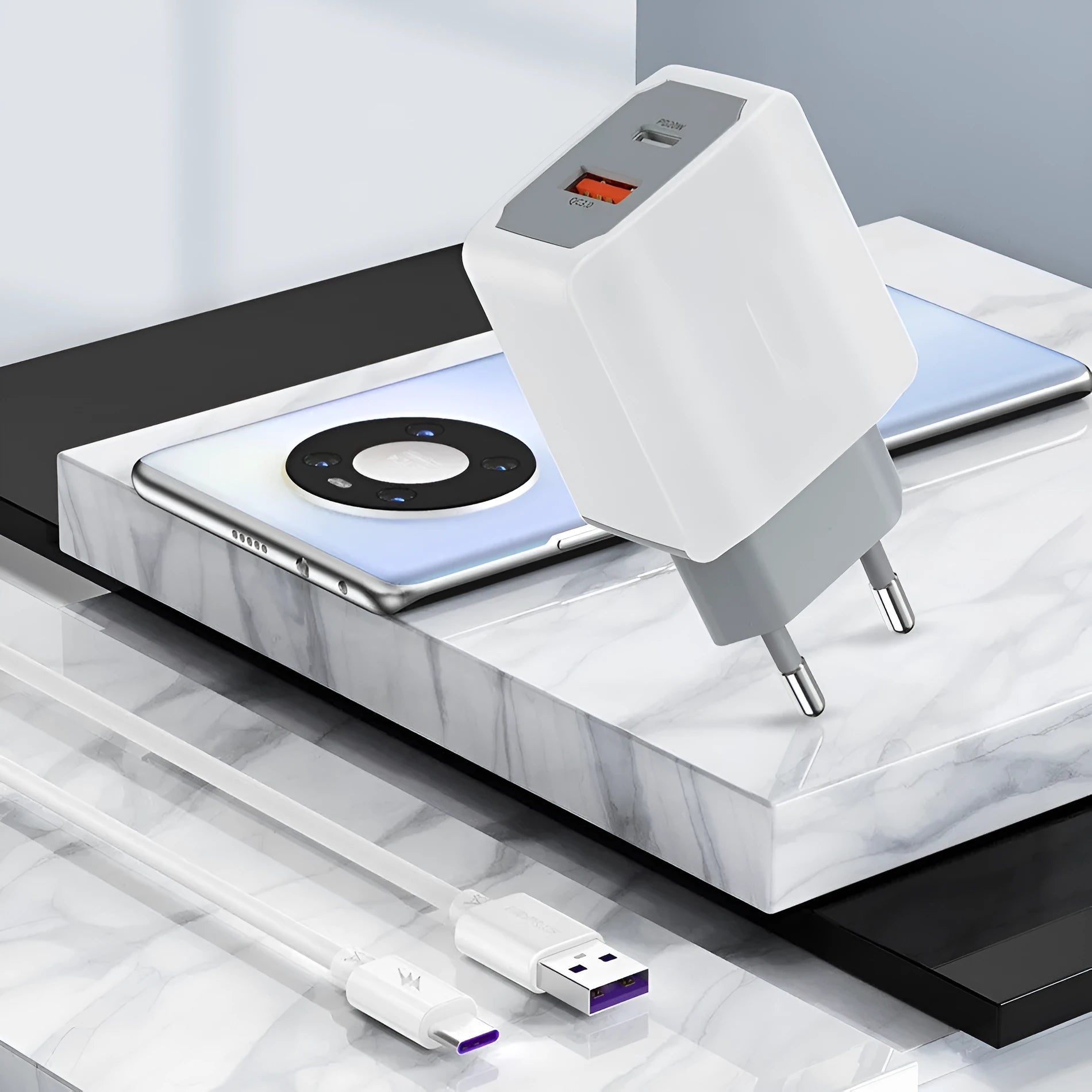 White European fast charge charger set with compact 42mm adapter and USB cable