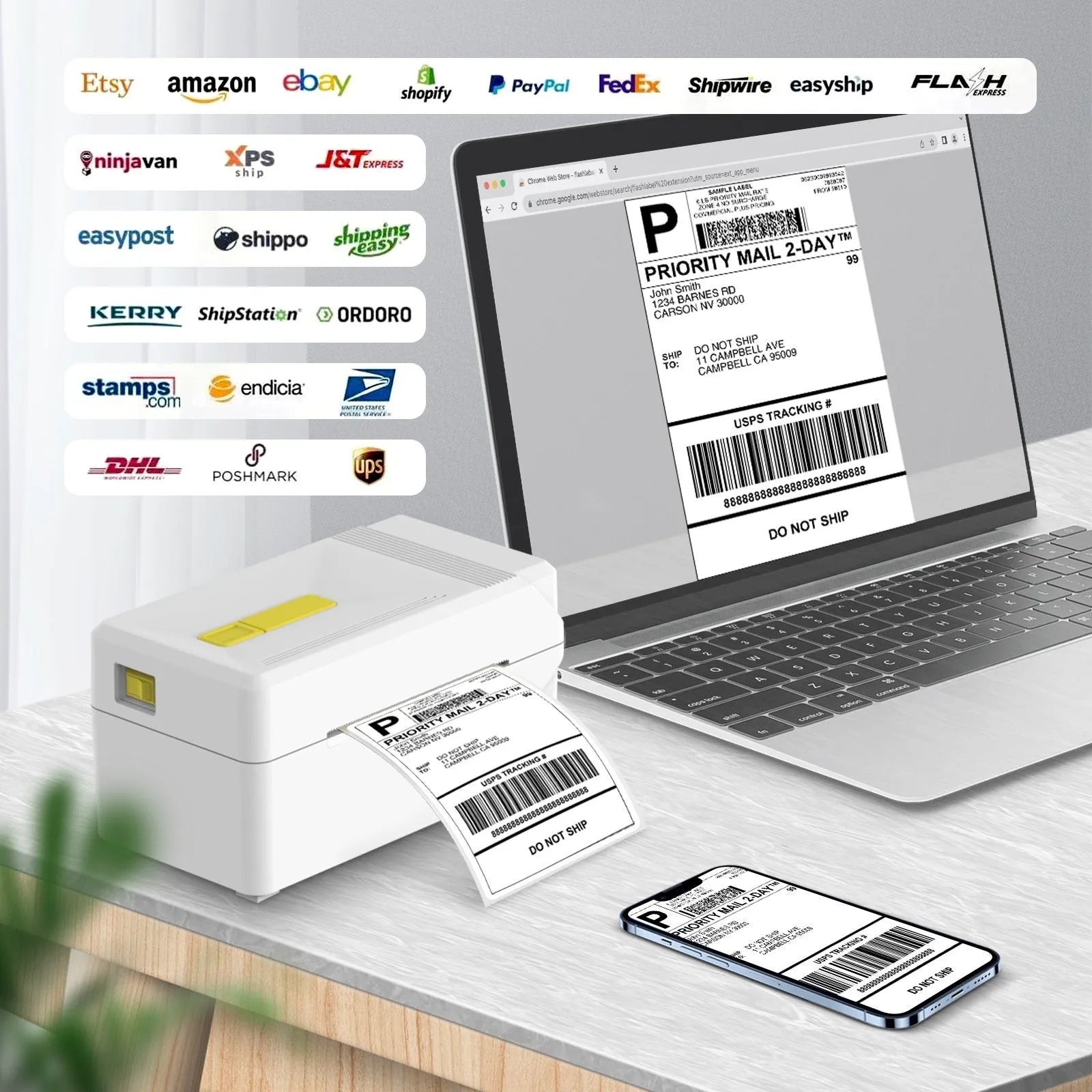 FlashLabel Thermal Express Order Label Printer unit with USB cable on a desk