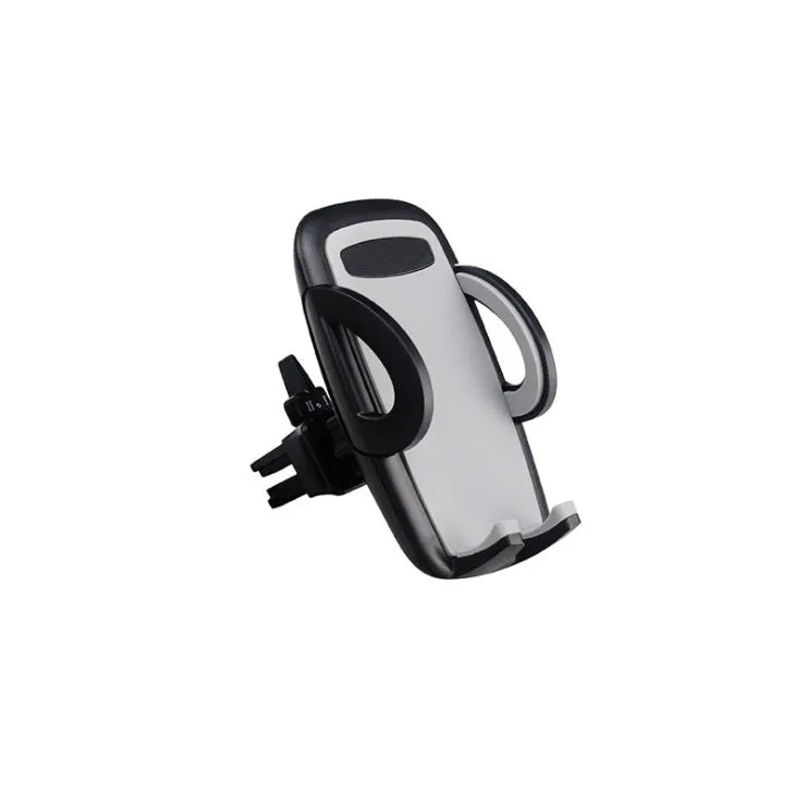 Black car air vent mobile phone holder mounted on vehicle air conditioning outlet holding smartphone