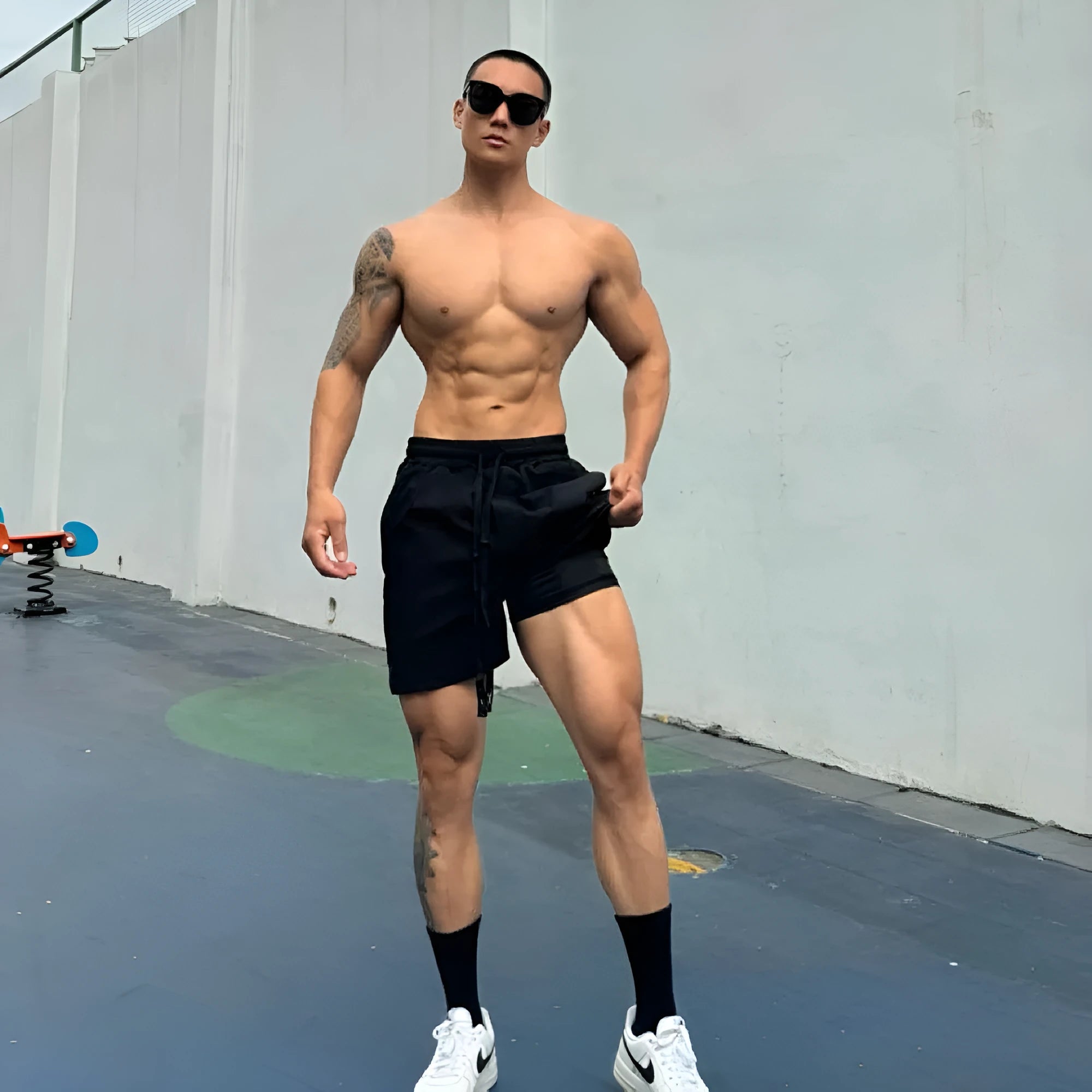 Men's ice silk quick-drying double-layer casual shorts in quarter length style.