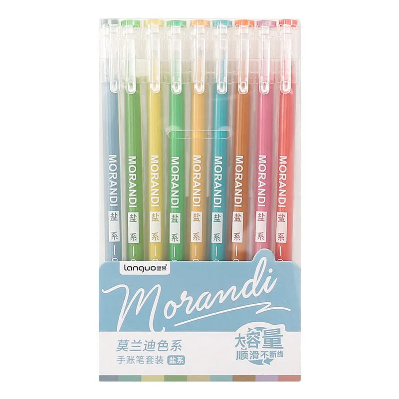 Set of nine colourful retro gel pens with 0.5mm needle tips in a plastic storage case
