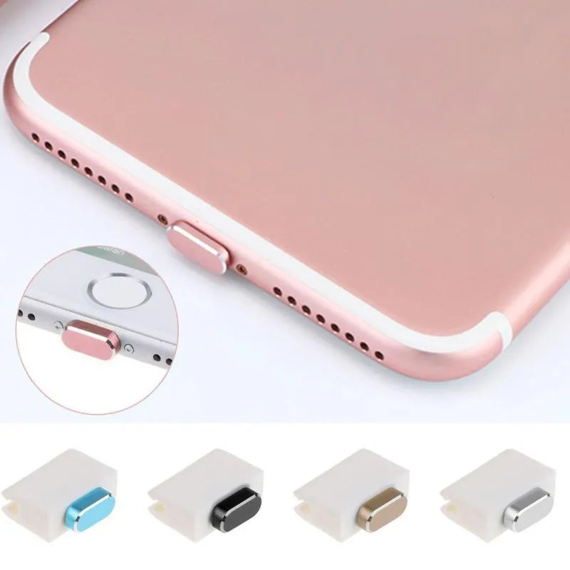 Aluminium alloy iPhone charging port dust plug in various colours on a white background.