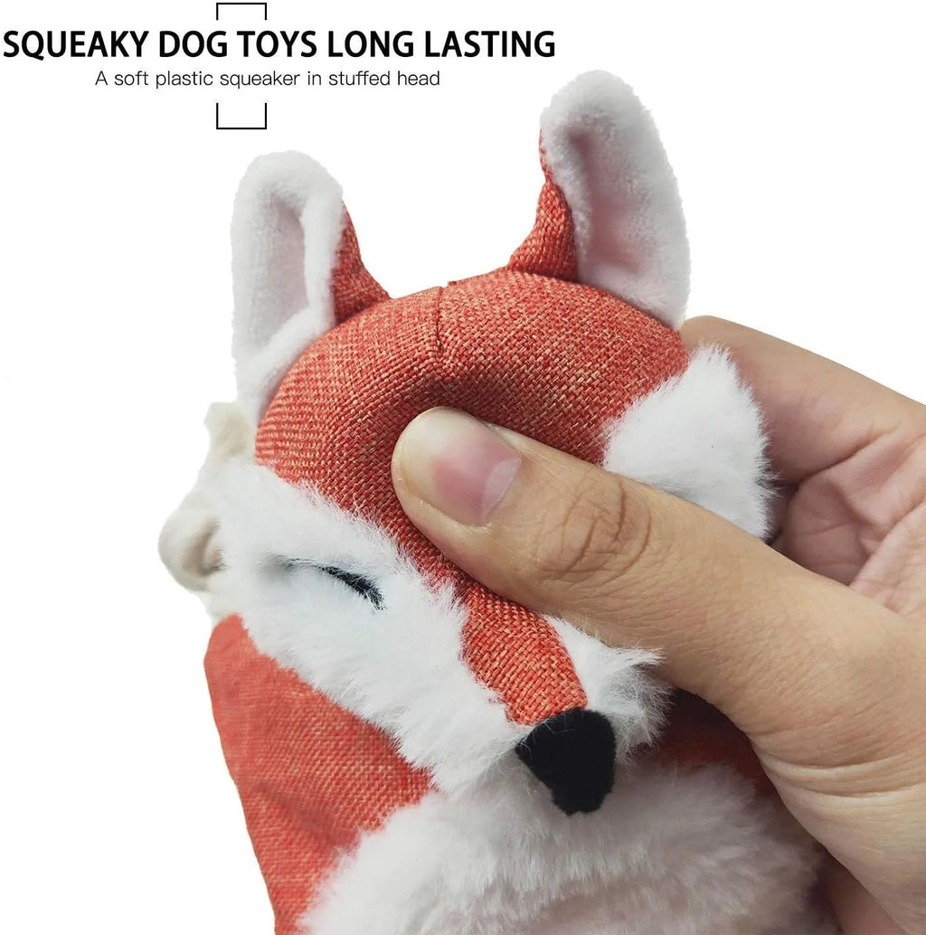 Brown fox-shaped plush dog toy with cotton rope arms and legs and embroidered eyes