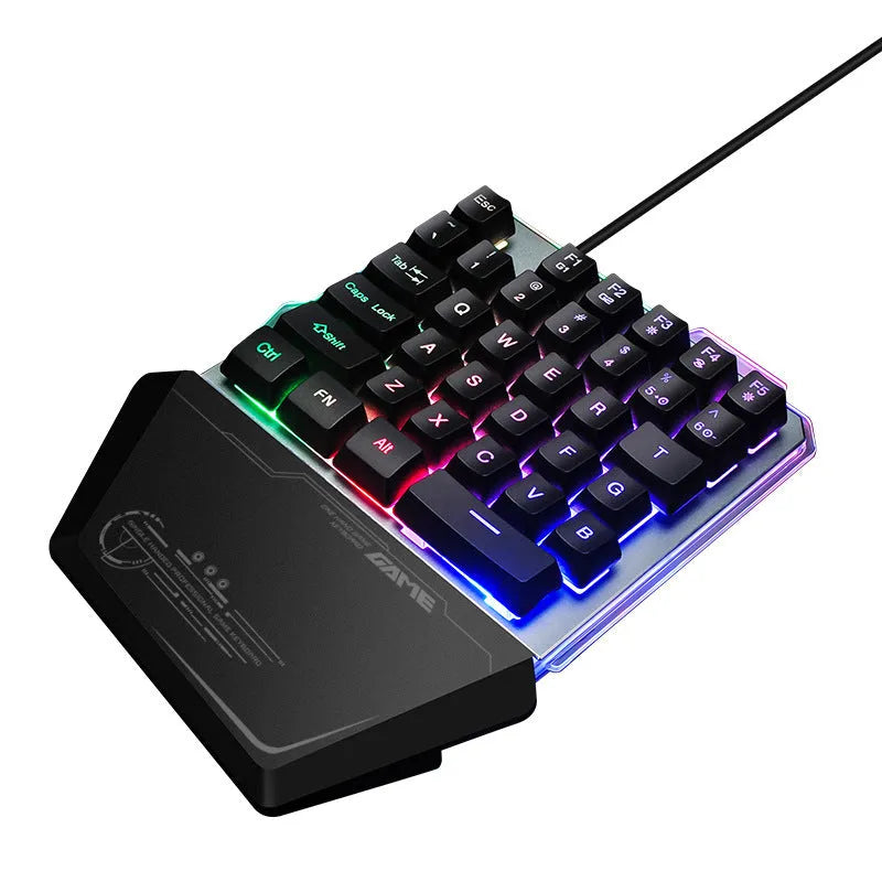 Black one-handed mechanical gaming keyboard with RGB backlit keys and USB cable