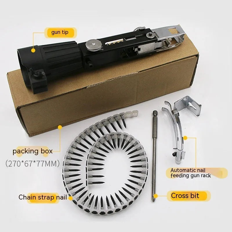 Chain screw gun head kit with metal attachment, chain strap, cross head tips, and plastic gun rack