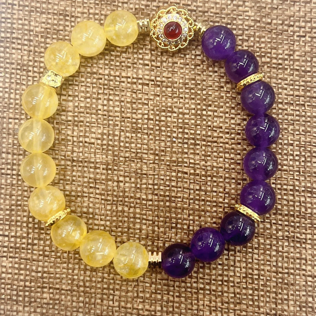 Handmade yellow and purple crystal amethyst bracelet for women showing artisan craftsmanship