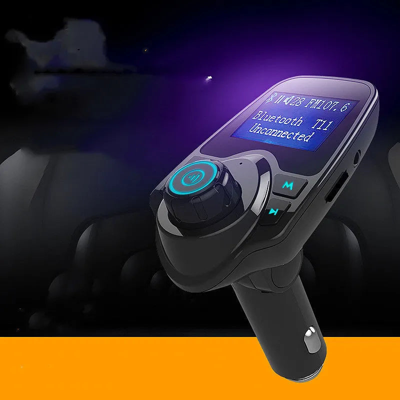 Black G7 car Bluetooth hands-free FM transmitter with USB port and card slot plugged into a 12V socket.