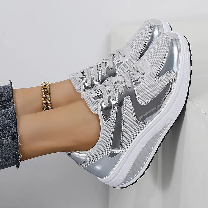 Women's breathable mesh elevator shoes with thick bottom, cross strap, round toe, available in gold and silver