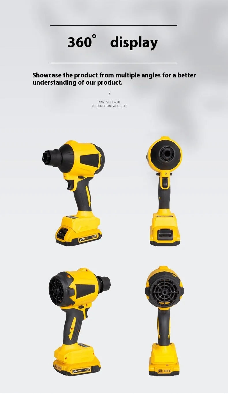 Yellow handheld 18V lithium battery dust gun with 680W motor for blowing suction and inflating tasks