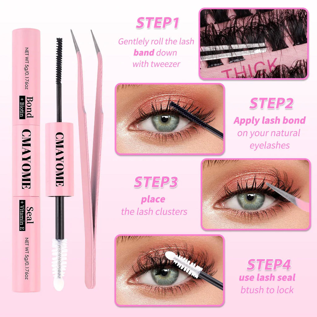 DIY false eyelash extension set showing individual clusters and application tweezers for custom lash looks