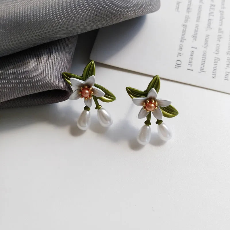 Alloy camellia flower earrings for women, contrast colour, sterling silver needle, stud and clip pairs