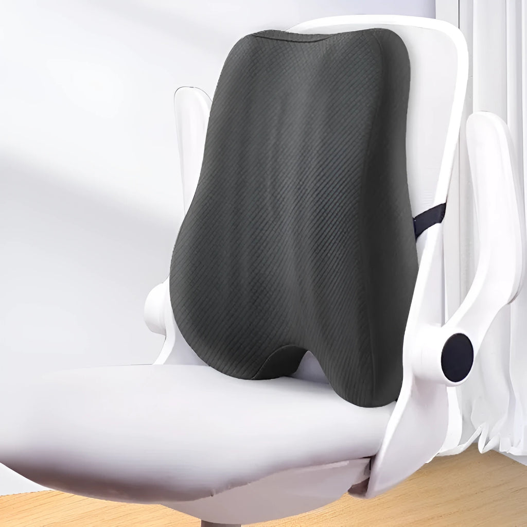 Grey rectangular lumbar support cushion for office chair, dimensions 40x40x8cm