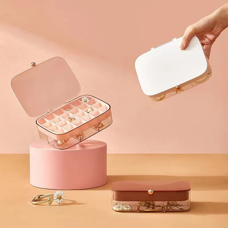 Modern minimalist multi-layer jewellery storage box in plastic construction showing dimensions and colour options