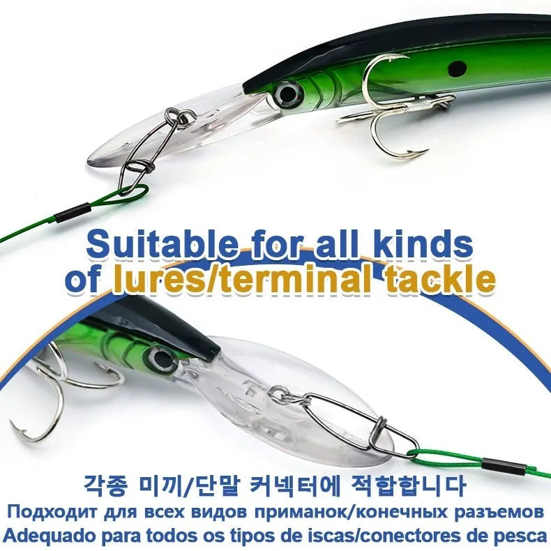 Set of 10 steel wire double buckle fishing pins showing green, black, and red colour options