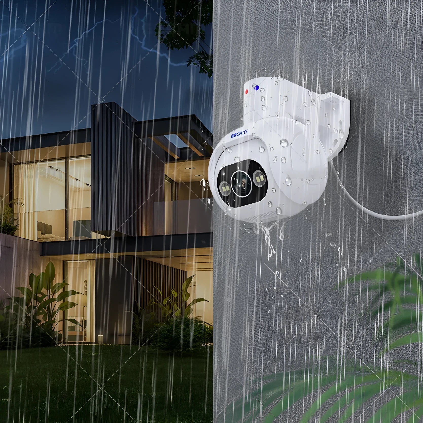White plastic 4MP smart colour night vision security camera with wall mount bracket.