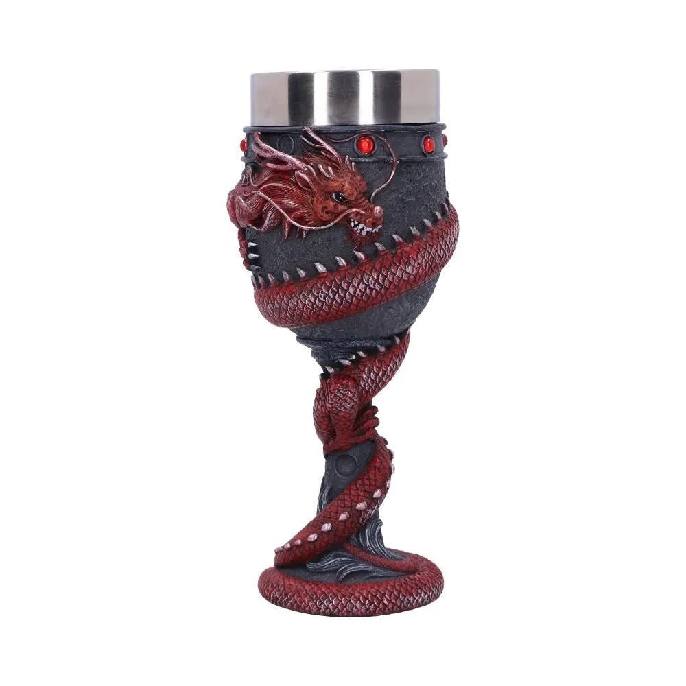 Red wine glass with Chinese dragon design on stainless steel base, 200ml capacity