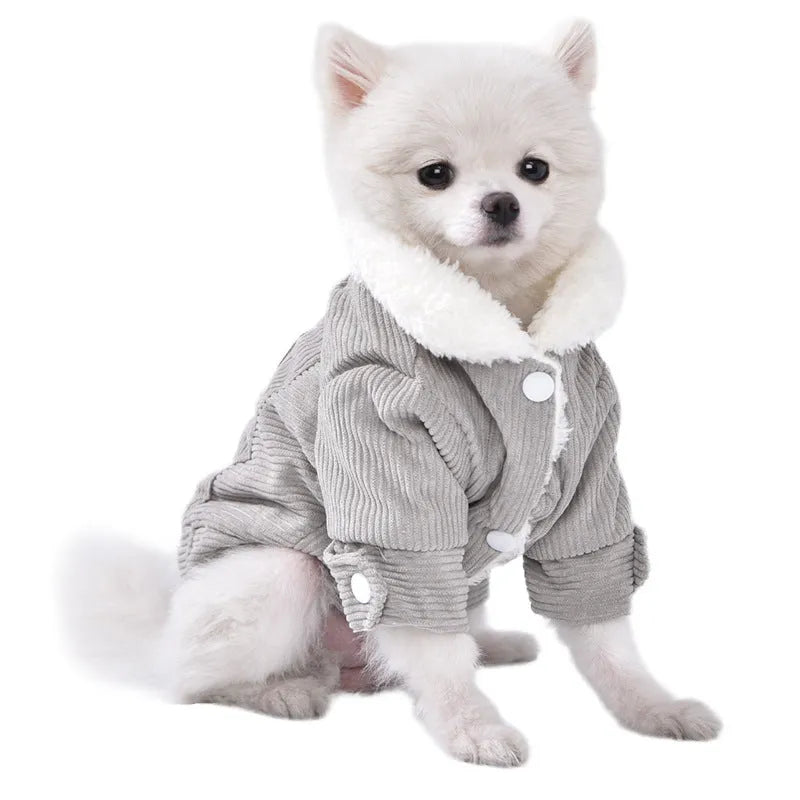 Grey lambswool fleece-lined dog vest for winter warmth, shown with size label.