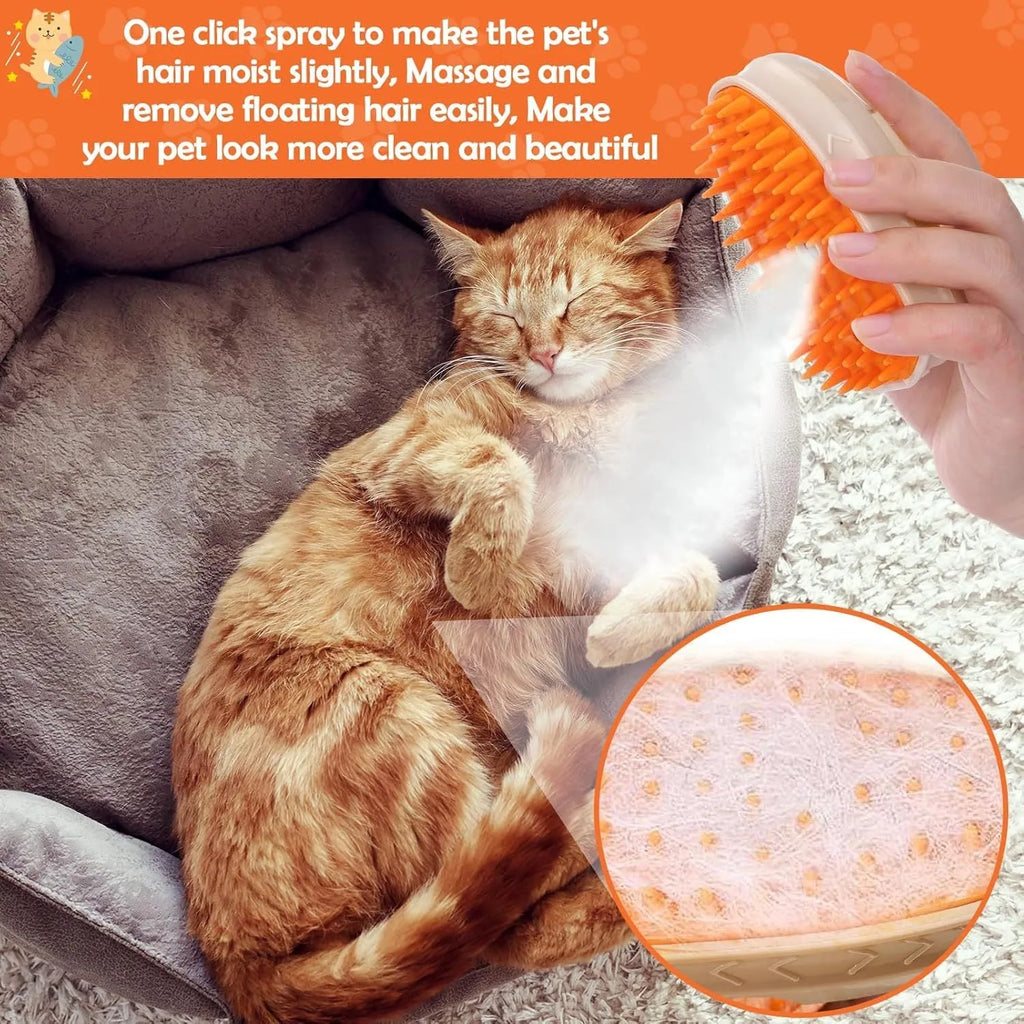 Yellow multifunctional cat steam brush with silicone teeth, water compartment, and ringworm detector lamp
