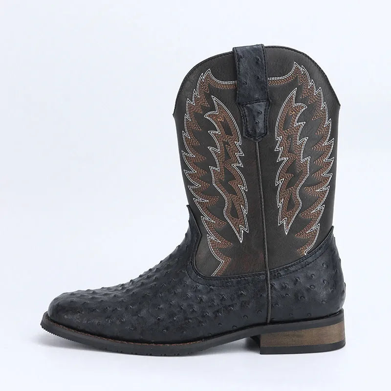 Men's Western denim square toe motorcycle boots with embroidery, black artificial leather upper, rubber sole, low heel