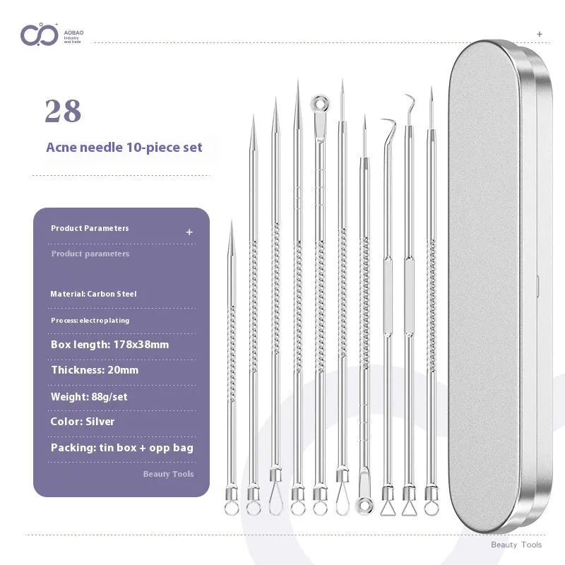 Four silver metal acne needles with fine pointed tips laid out on a surface.
