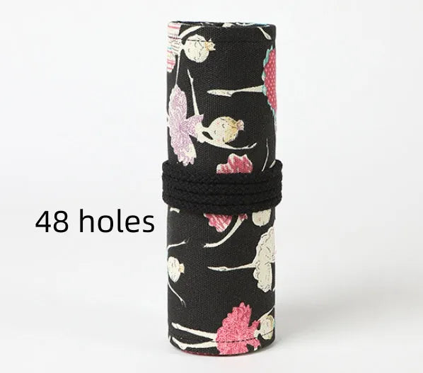Canvas rolling pencil case with ballet girl print showing multiple pencil capacity options