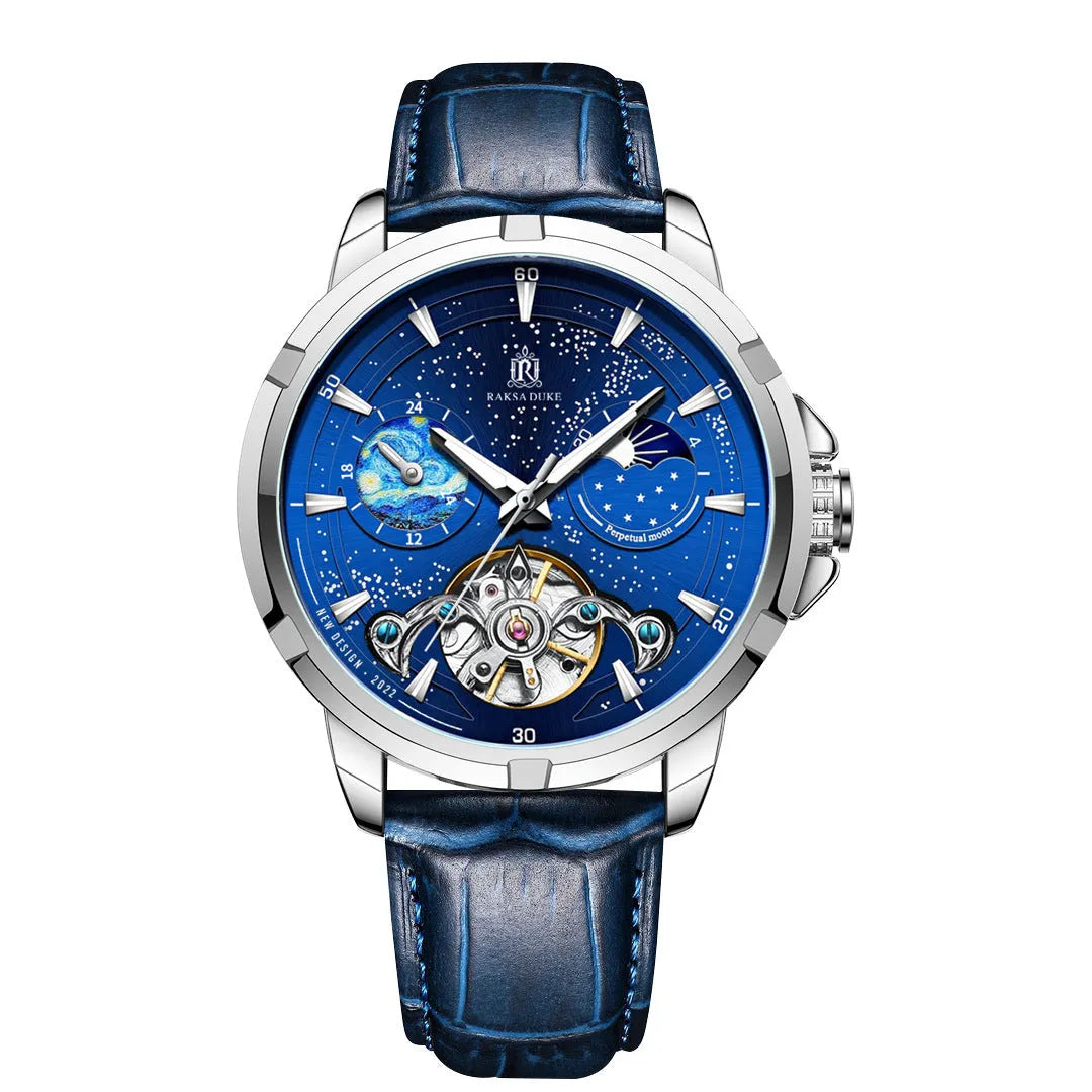 Men's automatic mechanical watch with blue dial and stainless steel bracelet showing thickness