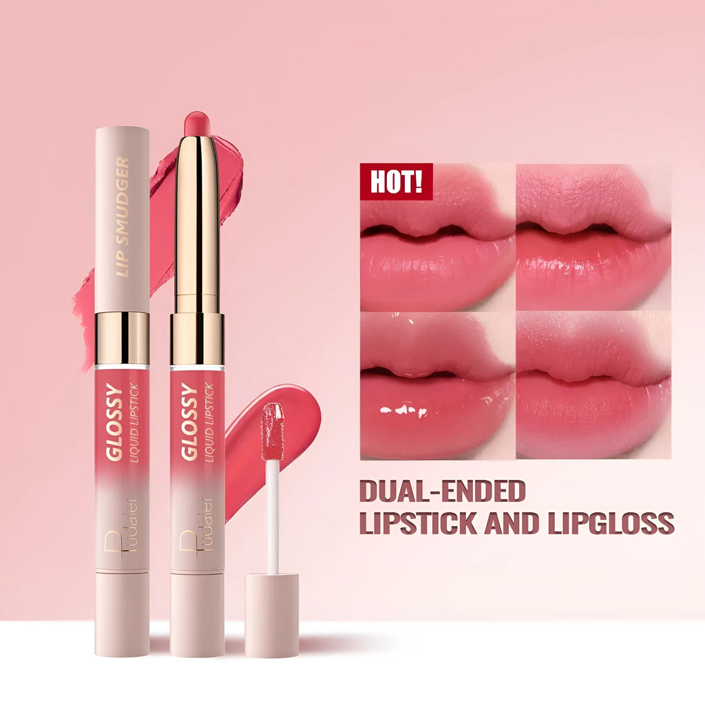 Double-headed lipstick and lip gloss stick showing ten colour options with matte finish