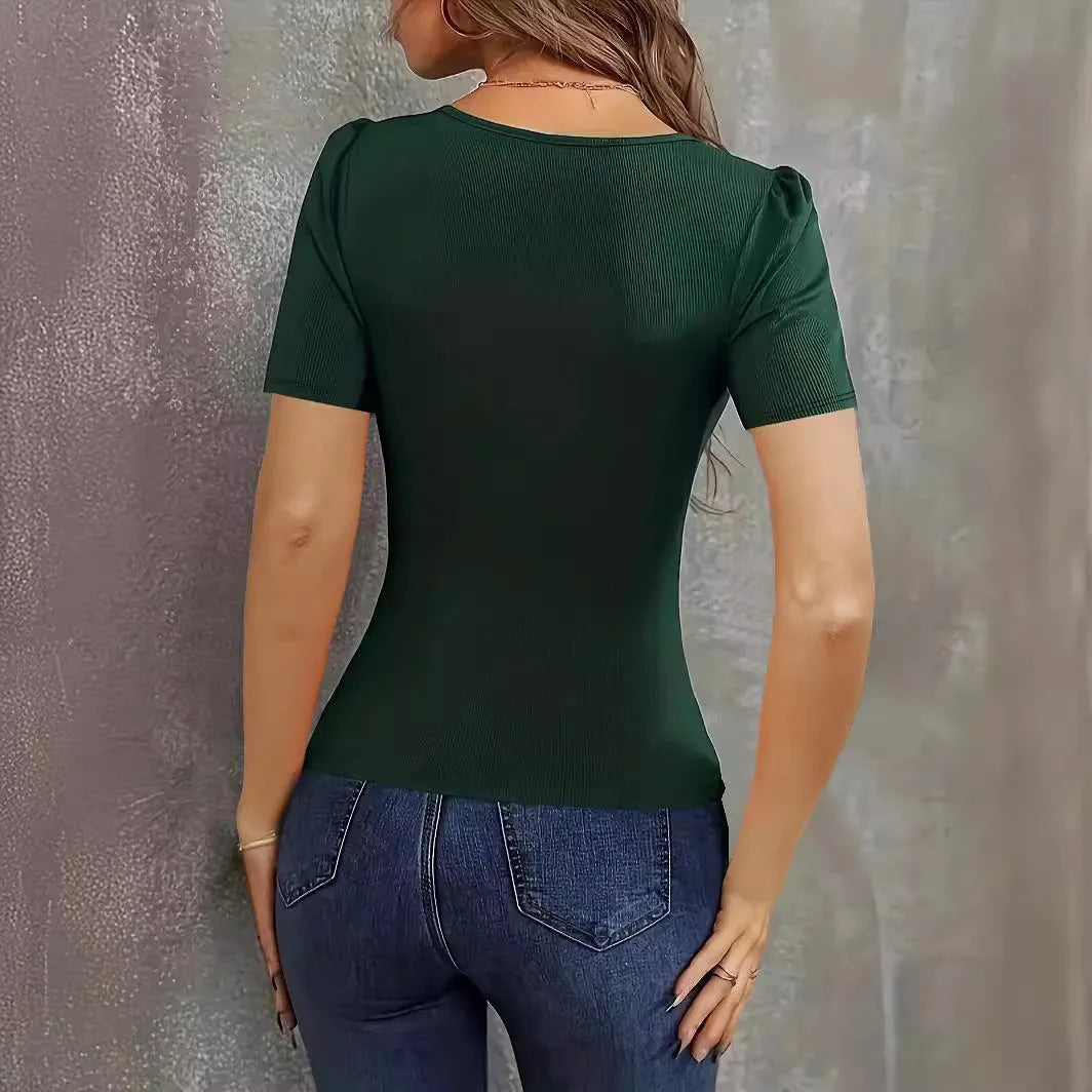 Women's wine red polyester knit short sleeve top with low neckline and slim fit