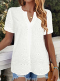 Women's white hollow-out V-neck T-shirt with loose fit and short sleeves