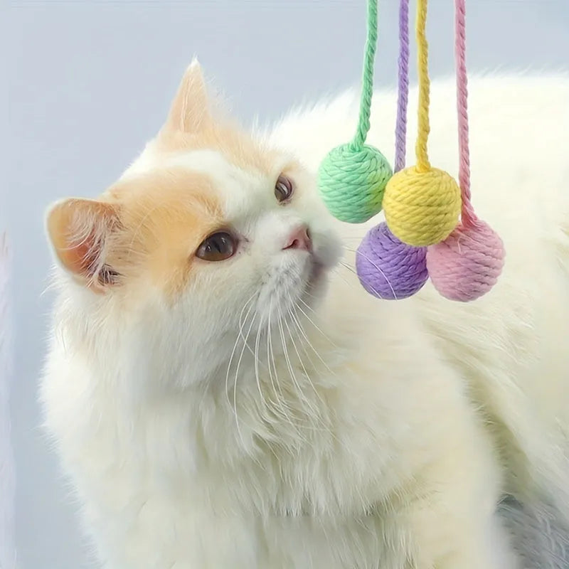 Colourful cat toy ball with an attached rope, shown in green, pink, purple, and yellow with 6cm and 3cm size options.