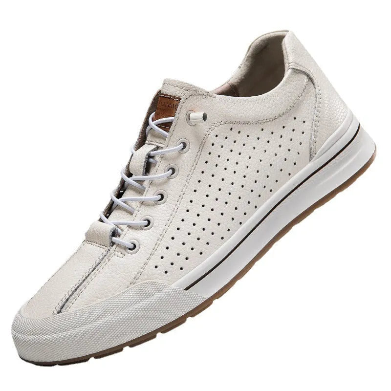 Men's white matte leather casual shoes with flat heel and round toe on a plain background