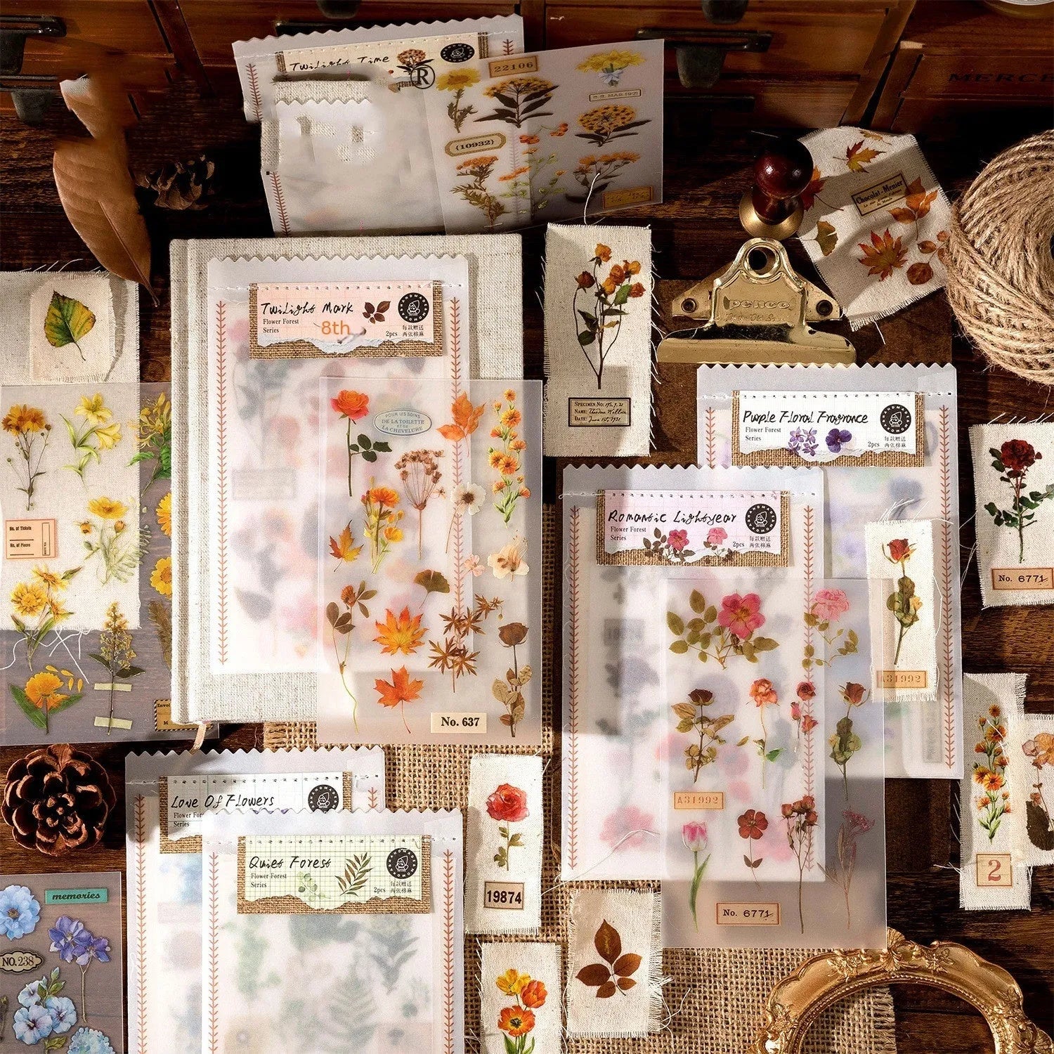 Huazhisen Series sticker material pack showing transfer paper and cotton linen sheets with forest and floral designs