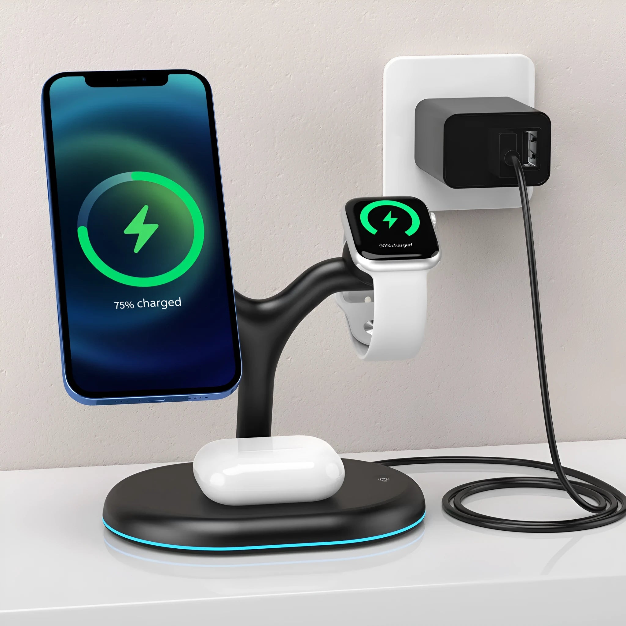 Black magnetic wireless charger with three functions and ABS plastic casing