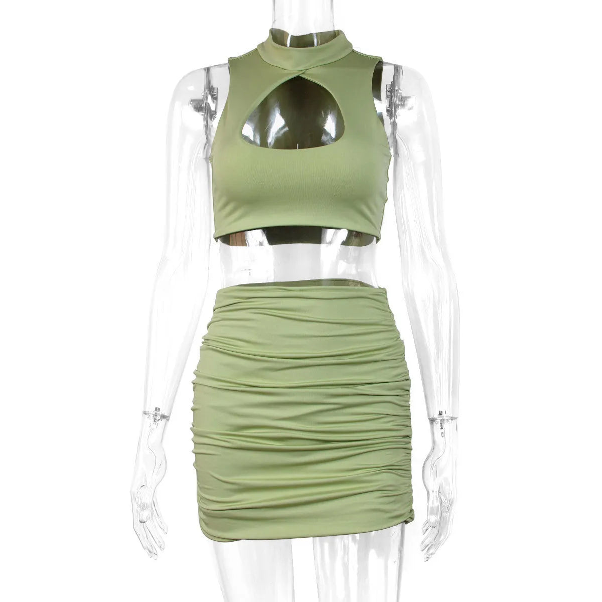 Light purple women's hollow vest and split skirt two-piece summer outfit set.