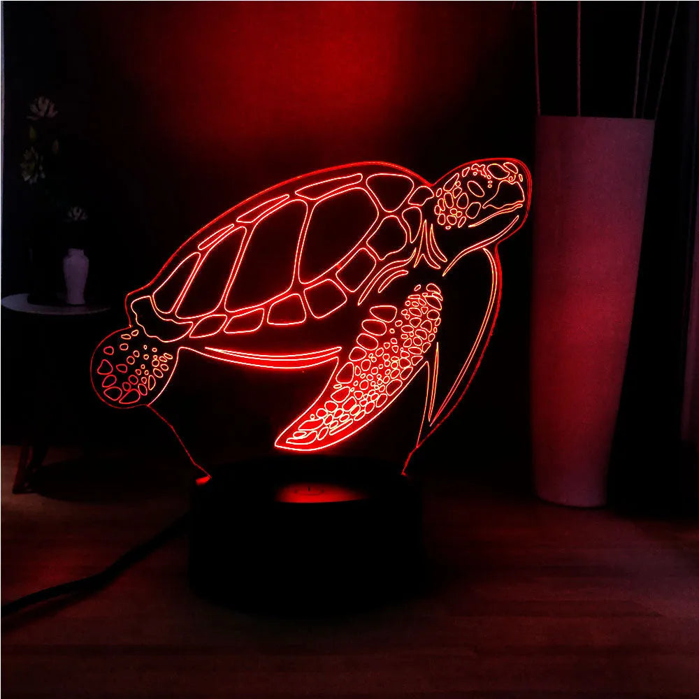 3D acrylic turtle LED night light showing colour-changing illumination and remote control