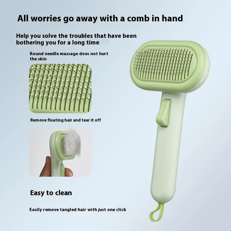 Large cat hair comb with one-click floating shaver for dog pet hair removal and knot untying in light grey.