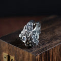 Silver open ring with detailed Jibeast animal zodiac pattern modelling in a retro style.