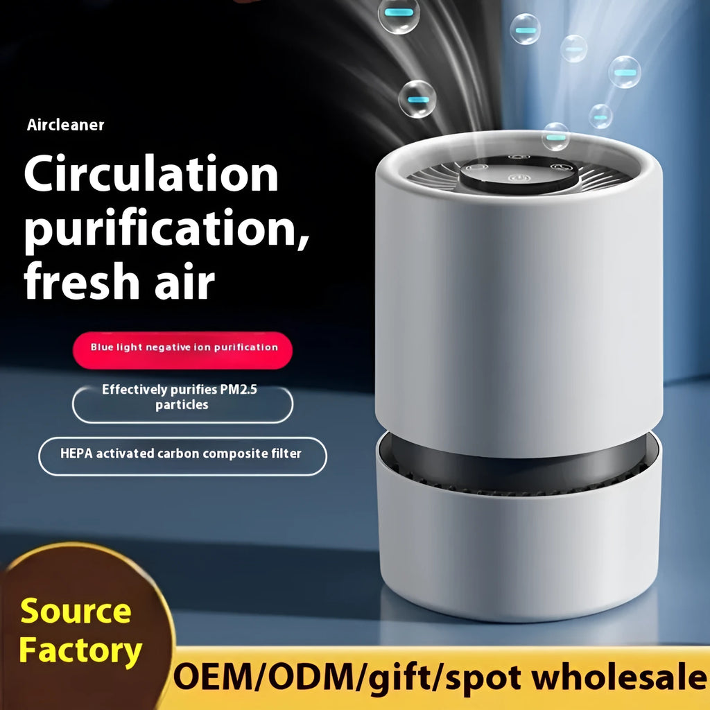 White desktop air purifier with USB cable for small room air quality improvement.