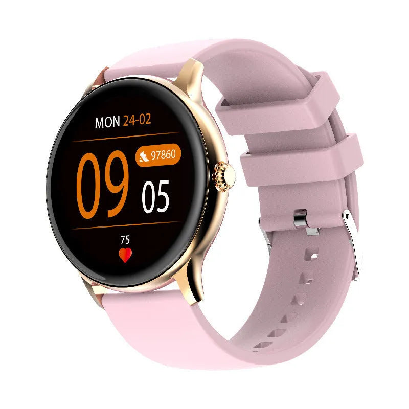 Black smartwatch with blood pressure monitoring on a silicone wristband, showing 1.28-inch touchscreen