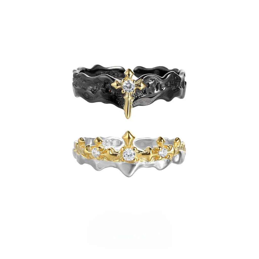 Adjustable opening silver couple ring with electroplated white gold or black gold finish