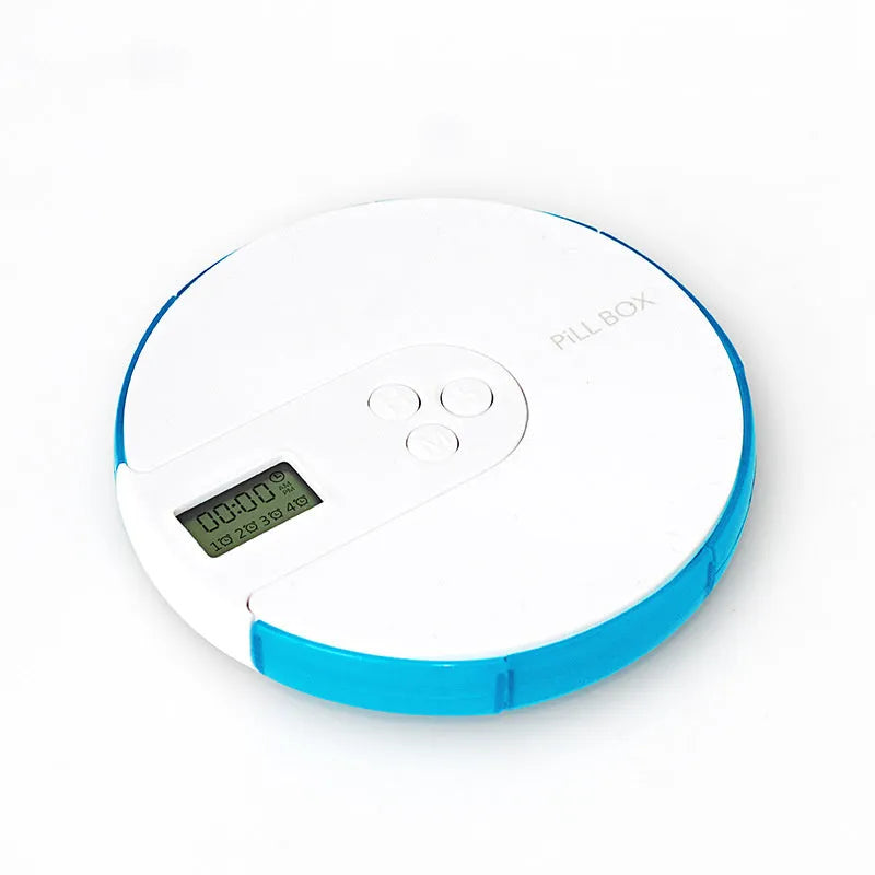 7-compartment alarm clock pill dispenser showing eight colour options with 11cm square dimensions