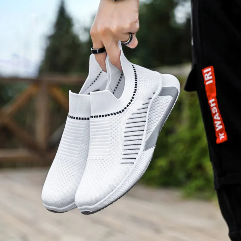 Men's striped mesh slip-on sneakers with lace-up front in black, white, and black/white colour options