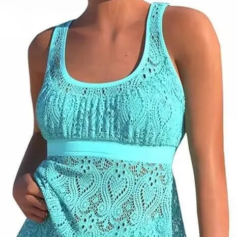 Women's two-piece swimsuit set with hollow conservative split design in solid colour